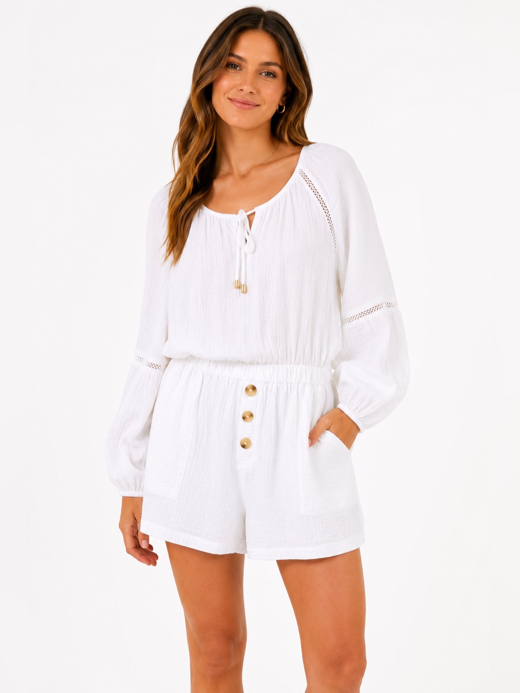 Bishop + Young Playa Romper White Cotton Gauze Tie Neck Boho Nwt Large